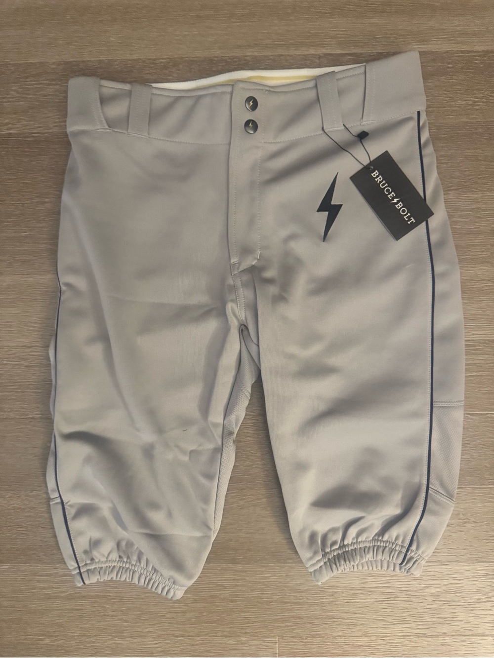 Bruce Bolt Men's Over the Knee Grey Baseball Pants with Navy Pipping